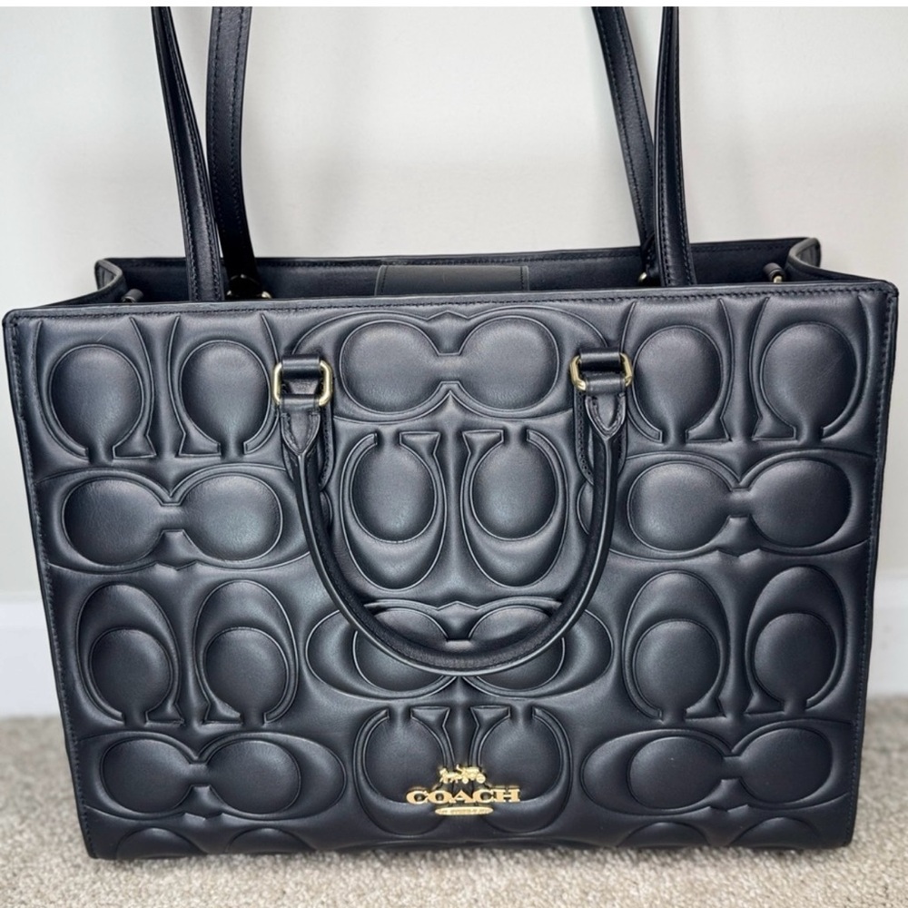 Coach Block Signature Embossed Black Maggie Tote Bag